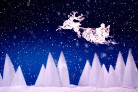 Steam in reindeer and Santa Claus into sled shape flying in snowy landscape. Christmas or New Year celebration concept. Copy spaceの写真素材