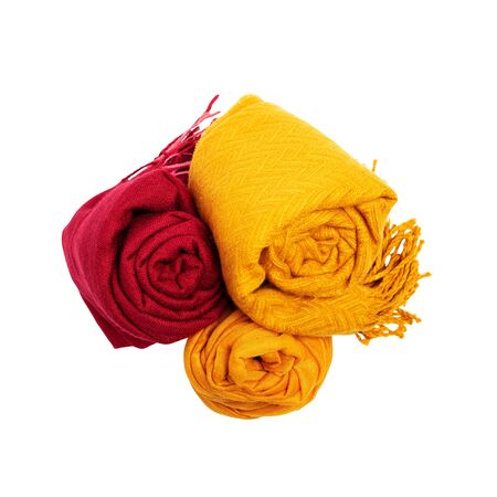 Women's clothing set. Red and yellow scarfs isolated on background. Autumn look.の写真素材