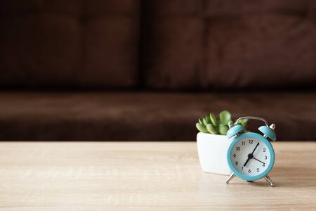 Flower pot and clock on wooden table against defocused sofa with pillows. Front view. Good morning...