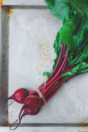 Fresh beetroots on metalic background. Summer food concept. Top view. Flat layの写真素材