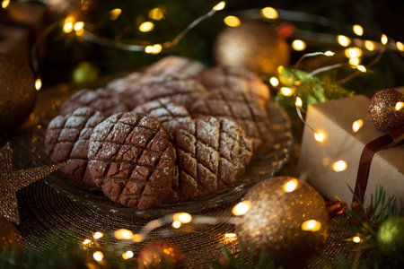 Christmas gingerbread cone cookies with Christmas decorations. New Year and Christmas celebration concept. Soft focusの写真素材