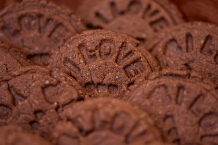 Food pattern. Chocolate cookies with sign I love you. Top view. Flat lay. Valentines day celebration...