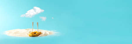 Banner 3: 1. Tropical beach concept made of sand and boat with paddles on blue background. Creative...