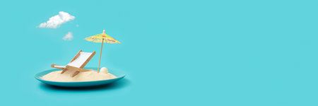 Banner 3: 1. Tropical beach concept made of plate with sand, deck chair and sun umbrella. Creative...