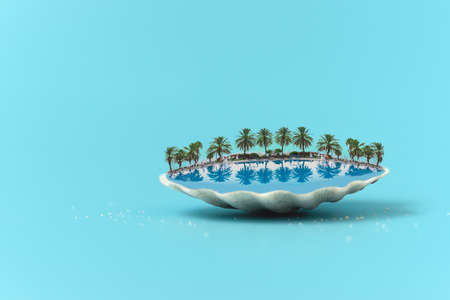 Tropical beach concept made of shall with swimming pool, deck chair and palms. Creative summer...