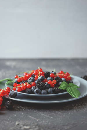 Front view on fresh blueberries, blackberries and red currant on gray concrete background. Selective...