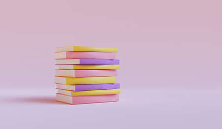 Stack of books on pink background. Front view. Online education or e-learning concept. 3d renderの写真素材