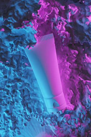 Moisturizer cosmetic tube on colorful splash. Mock-up. 3D renderの写真素材