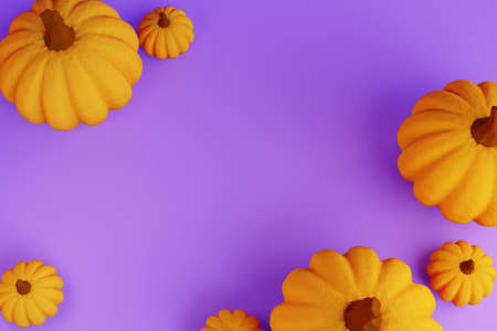 Top view on Halloween pumpkins on purple background. 3d renderの写真素材
