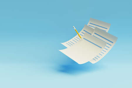 Yellow pencil writing on white papers on blue background. 3d renderの写真素材