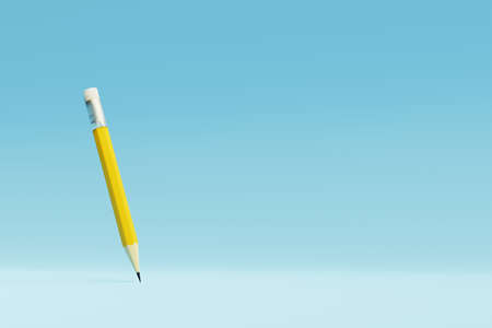 Yellow drawing pencil staying on blue background. 3d render