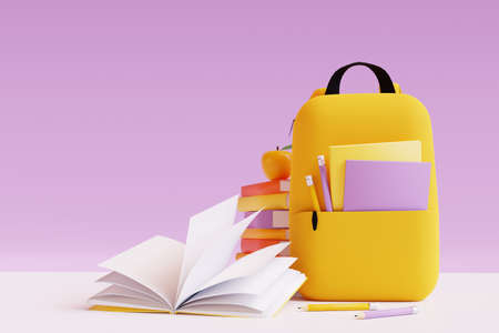 Backpack with different colorful stationery on white table. 3d render