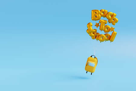 Backpack with different colorful stationery and balloons flying on blue background. 3d render