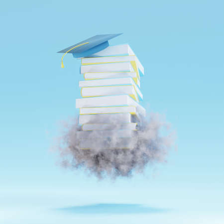 Stack of books with graduation cup into cloud on blue background. 3d renderの写真素材