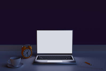 School desk with school accessories and laptop with lighting screen. Study at night. 3d render