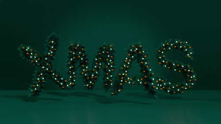 Word Xmas made of pine branches and decorated lights on green background. 3D renderの写真素材