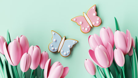 Easter butterfly gingerbread cookies and tulips on green background. 3D renderの写真素材