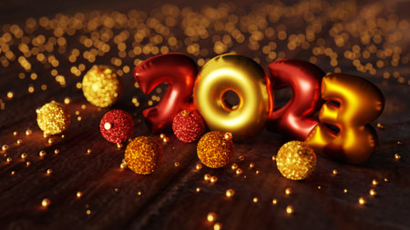 2023 Happy new year. Metallic golden balloons with defocused glitters on dark wooden background. 3d...