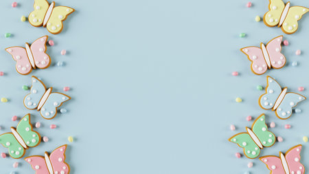 Easter butterfly gingerbread cookies with egg candies on blue background. 3D renderの写真素材