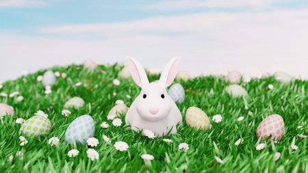 Easter landscape with rabbit, colorful eggs and daisy flowers on field. 3d renderの写真素材