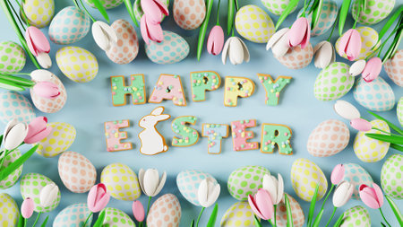 Happy Easter text made from gingerbread cookies. Border from colorful Easter eggs and tulips on blue background. 3d renderの写真素材