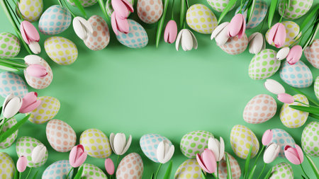 Border from colorful Easter eggs and tulips on green background. 3d render
