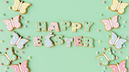 Happy Easter text made from glaze gingerbread cookies with egg candies on green background. 3D...