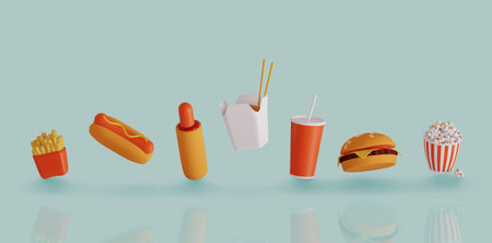 Fast food icon set. Fries potatoes, hot dog, French hot dog, ramen noodle soup, cola, burger and popcorn. 3d renderの写真素材