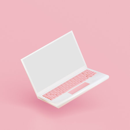 School supplies icon. White laptop with pink keyboard. 3D renderの写真素材
