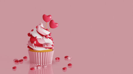 Cupcake with heart shape candy and sugar sprinkles. 3d renderの写真素材