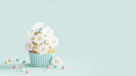Easter cupcake decorated egg candies and chamomiles. 3D render
