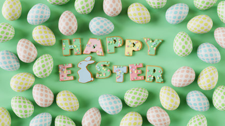 Happy Easter text made from gingerbread cookies. Border from colorful Easter eggs on green...