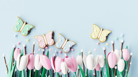Easter butterfly gingerbread cookies and tulips on green background. 3D renderの写真素材