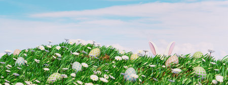 Easter landscape with rabbit, colorful eggs and daisy flowers on field. 3d render