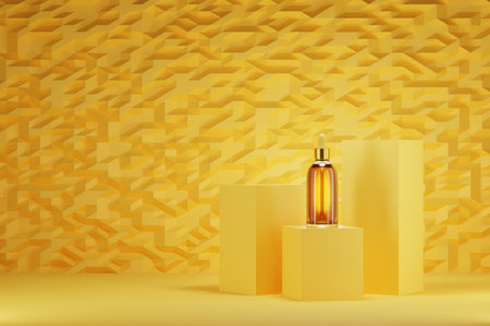 Liquid product package in glass bottle with pipet on yellow background. 3d renderの写真素材