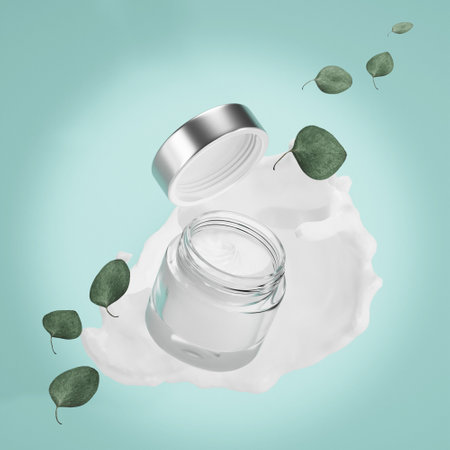 Openned glass cream container with cream splash and eucalyptus leaves on blue background. 3d render