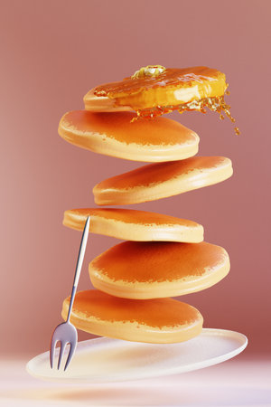 Realistic food. Stack of pancakes with honey and butter on plate. 3D renderの写真素材