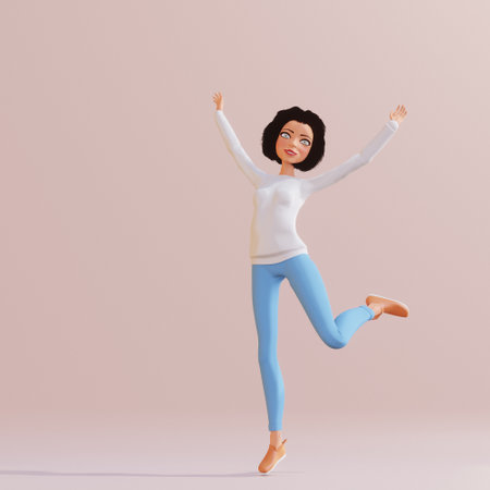 Smiling girl jumping on pink background. 3d renderの写真素材