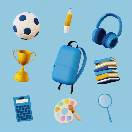 School supplies icons. School bag, calc, winner cup, books, headphones, ball, pencils, brush and palette. 3D renderの写真素材