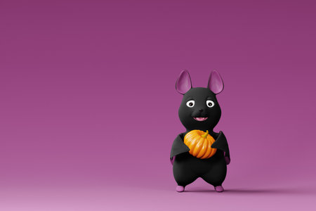 Cute Halloween bat holding pumpkin. 3d renderの写真素材