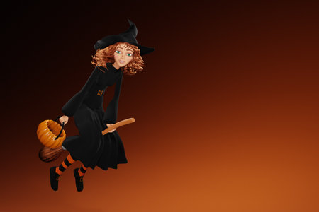 Cartoon Halloween witch flying on broom on yellow background. 3d renderの写真素材