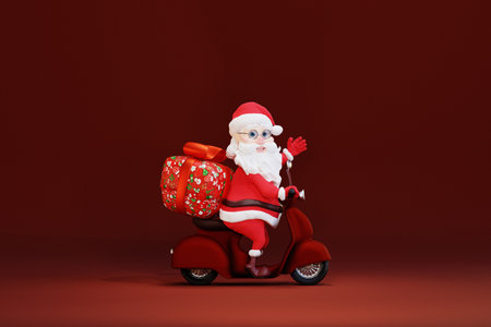 Cartoon Santa Claus with Christmas gift box riding scooter. 3d renderの写真素材