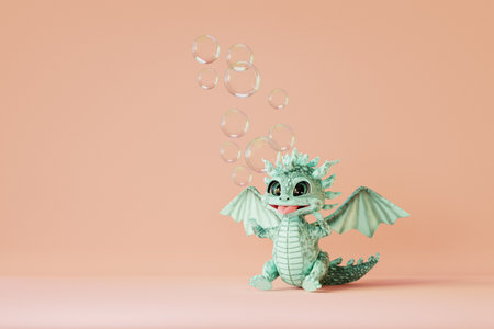 Cute cartoon baby dragon catching soap bubbles. 3d renderの写真素材