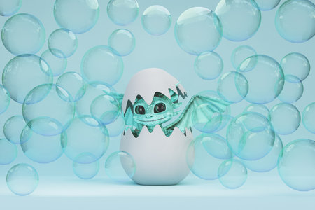 Cute cartoon baby dragon hatches from egg. 3d renderの写真素材