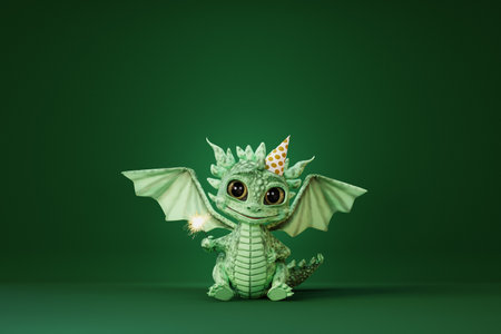 Cute cartoon baby dragon wearing cylinder hat holding sparkler . 3d renderの写真素材