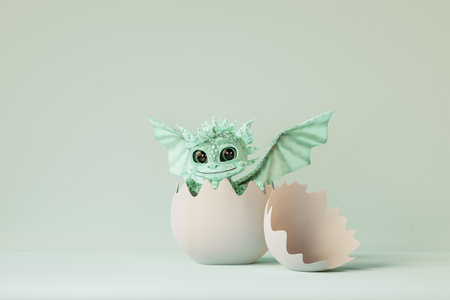 Cute cartoon baby dragon hatches from egg. 3d renderの写真素材