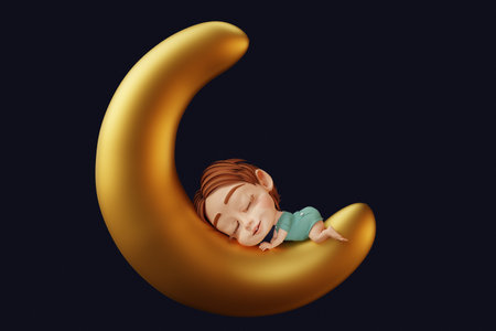 Cute baby girl sleeping on the moon. 3d renderの写真素材
