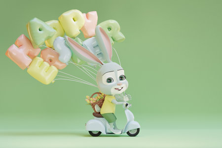 Cute bunny riding scooter with easter basket and balloons. 3D renderの写真素材