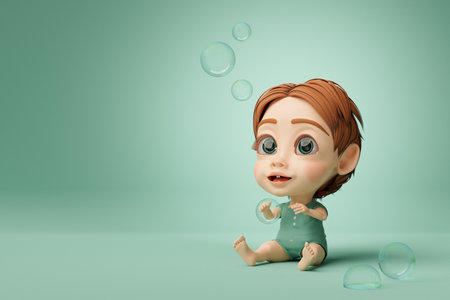 Cute baby girl catching soap bubbles. 3d renderの写真素材