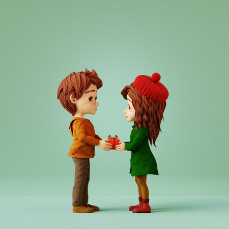 Cartoon boy and girl holding gift box. Valentines day concept. 3d render